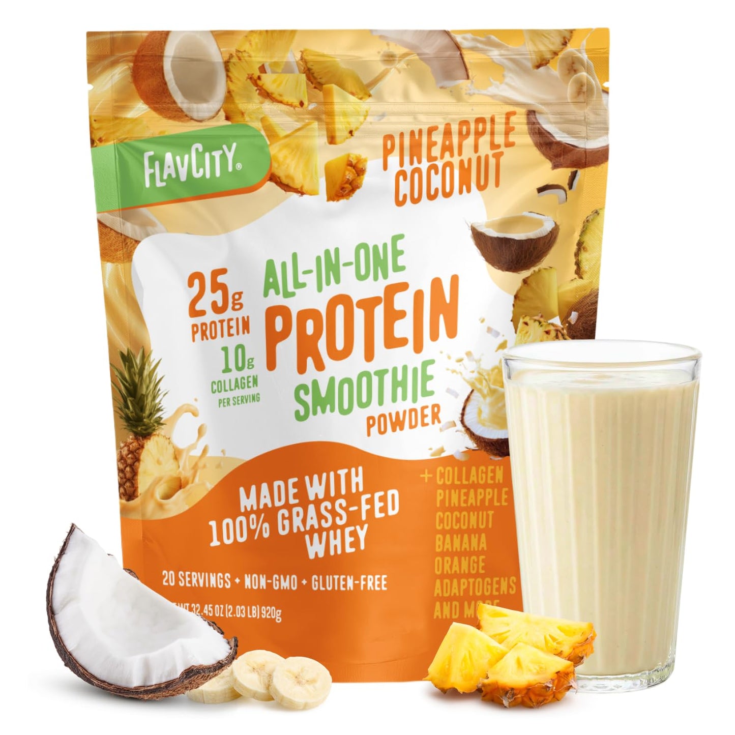 FlavCity Chocolate All in One Protein Shake Powder - On the Go Meal Alternative + Collagen Peptides, Reishi & Cordyceps - Focus, Skin, Hair & Joint Support - 100% Grass Fed Whey, 20 Servings