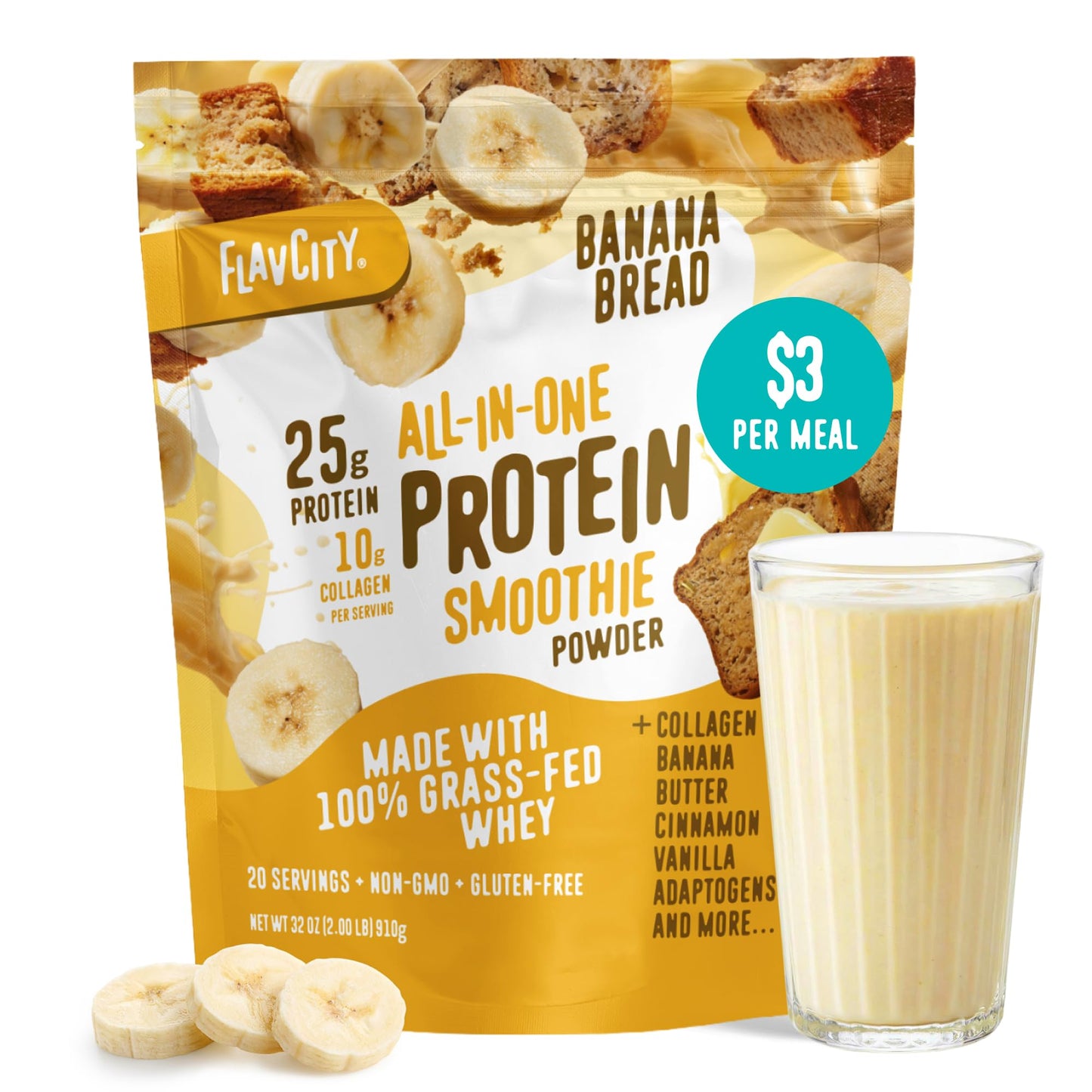 FlavCity Chocolate All in One Protein Shake Powder - On the Go Meal Alternative + Collagen Peptides, Reishi & Cordyceps - Focus, Skin, Hair & Joint Support - 100% Grass Fed Whey, 20 Servings