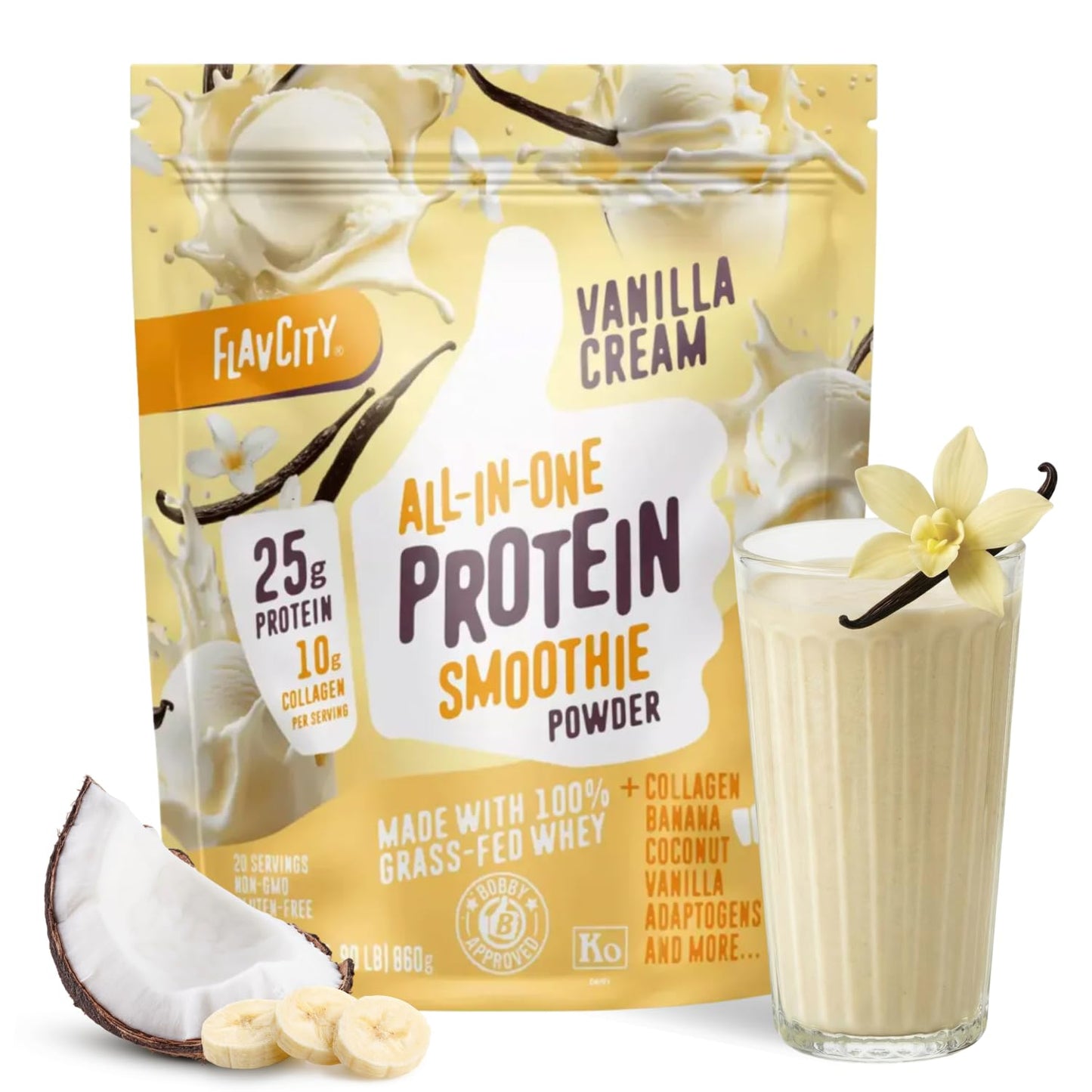 FlavCity Chocolate All in One Protein Shake Powder - On the Go Meal Alternative + Collagen Peptides, Reishi & Cordyceps - Focus, Skin, Hair & Joint Support - 100% Grass Fed Whey, 20 Servings