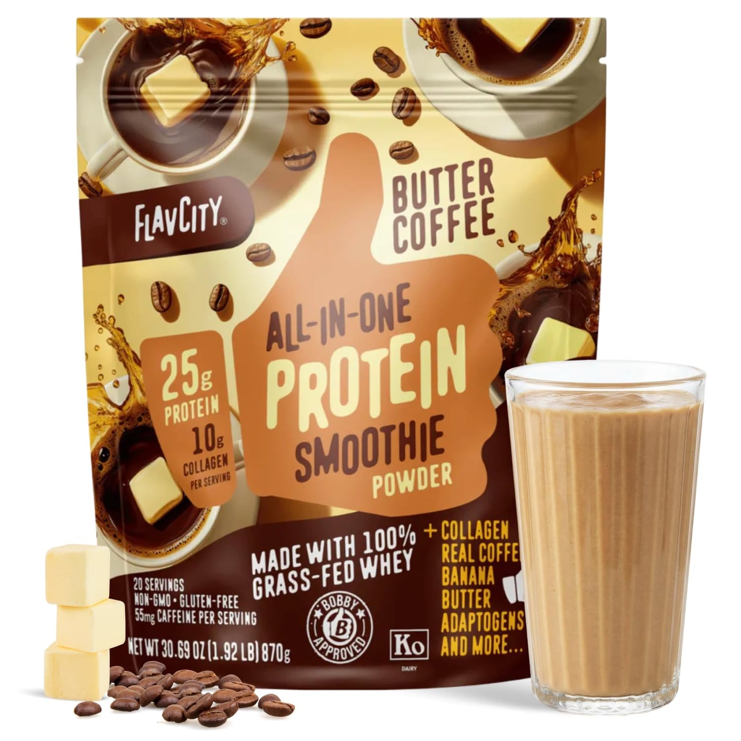 FlavCity Chocolate All in One Protein Shake Powder - On the Go Meal Alternative + Collagen Peptides, Reishi & Cordyceps - Focus, Skin, Hair & Joint Support - 100% Grass Fed Whey, 20 Servings