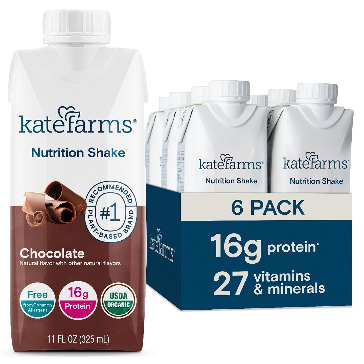 KATE FARMS Organic Nutrition Shake, Chocolate, 16g Protein, 6 Pack | Organic chocolate nutrition shake with 16g protein and 27 vitamins and minerals in every serving.