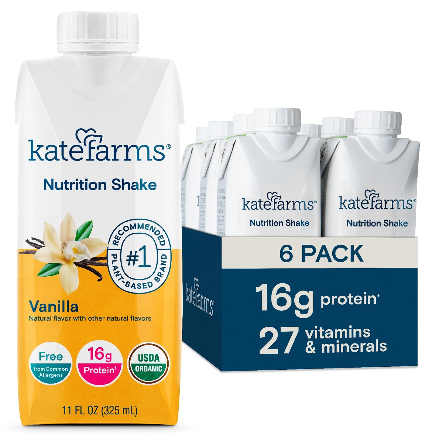 KATE FARMS Organic Nutrition Shake, Chocolate, 16g Protein, 6 Pack | Organic chocolate nutrition shake with 16g protein and 27 vitamins and minerals in every serving.