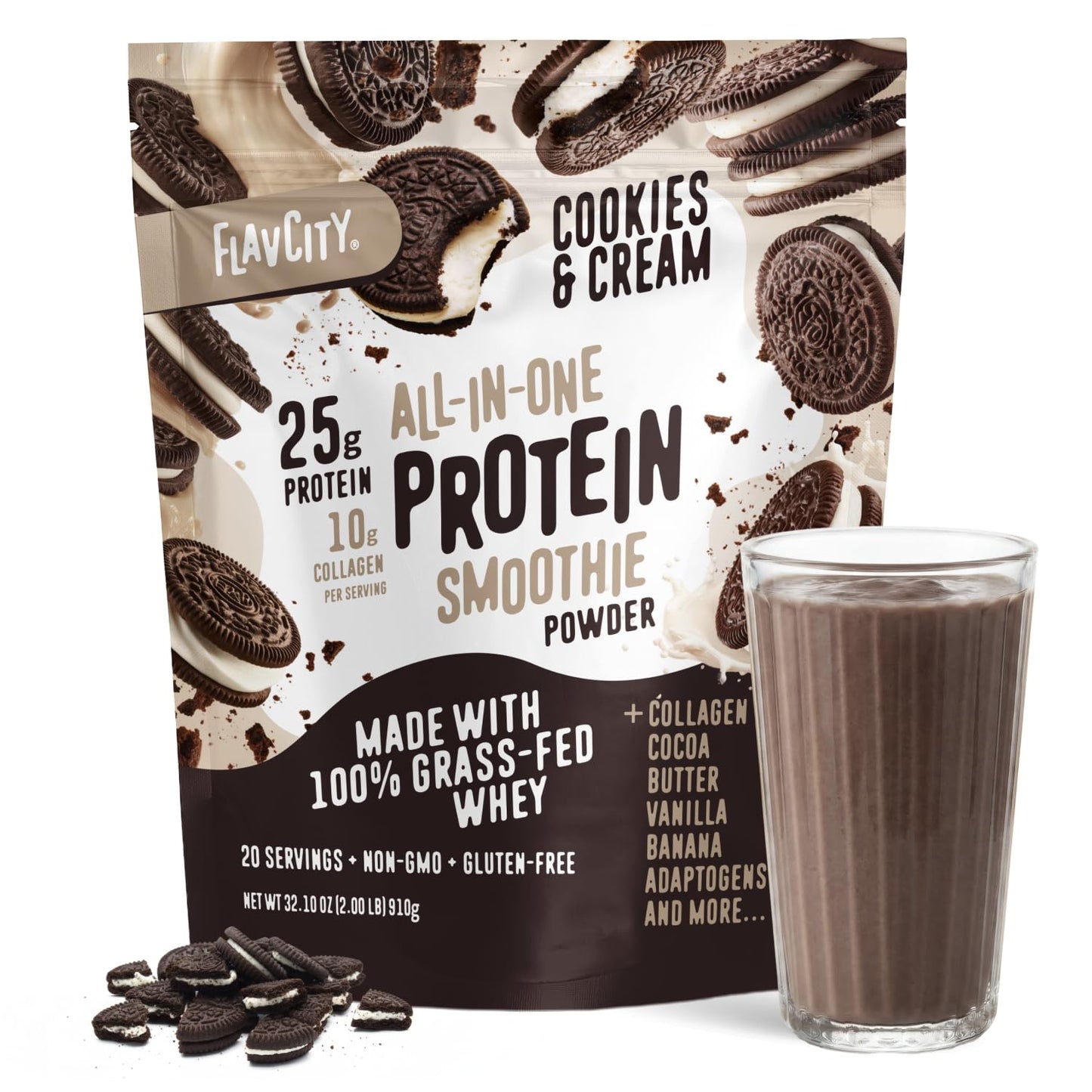 FlavCity Chocolate All in One Protein Shake Powder - On the Go Meal Alternative + Collagen Peptides, Reishi & Cordyceps - Focus, Skin, Hair & Joint Support - 100% Grass Fed Whey, 20 Servings