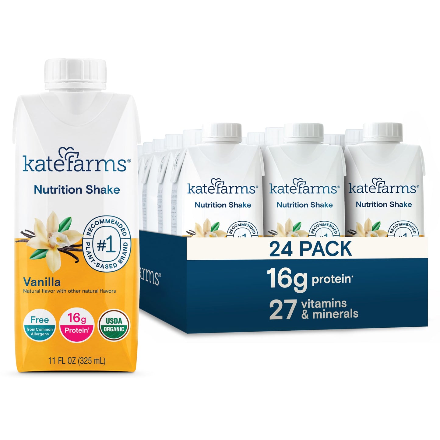 KATE FARMS Organic Nutrition Shake, Chocolate, 16g Protein, 6 Pack | Organic chocolate nutrition shake with 16g protein and 27 vitamins and minerals in every serving.