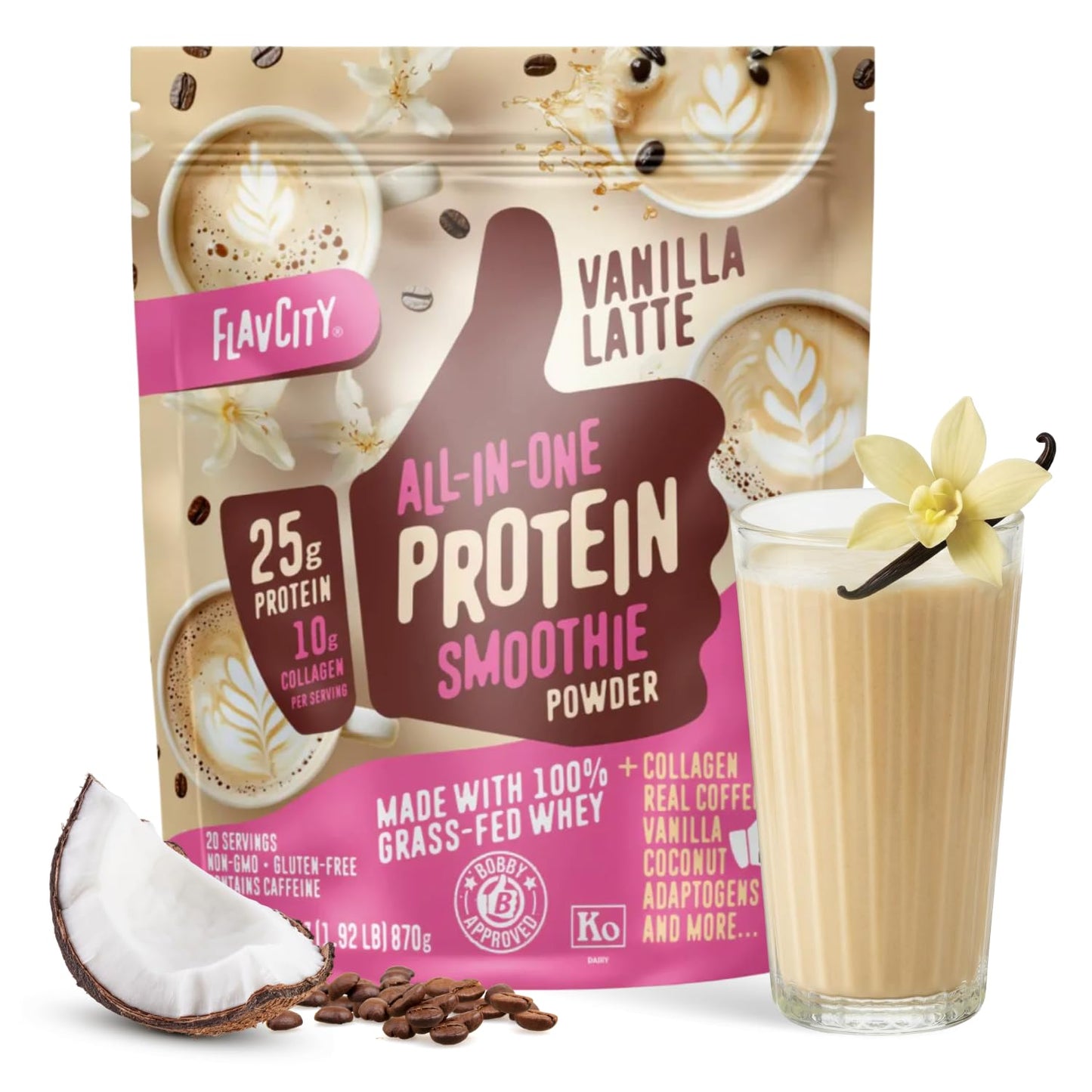 FlavCity Chocolate All in One Protein Shake Powder - On the Go Meal Alternative + Collagen Peptides, Reishi & Cordyceps - Focus, Skin, Hair & Joint Support - 100% Grass Fed Whey, 20 Servings