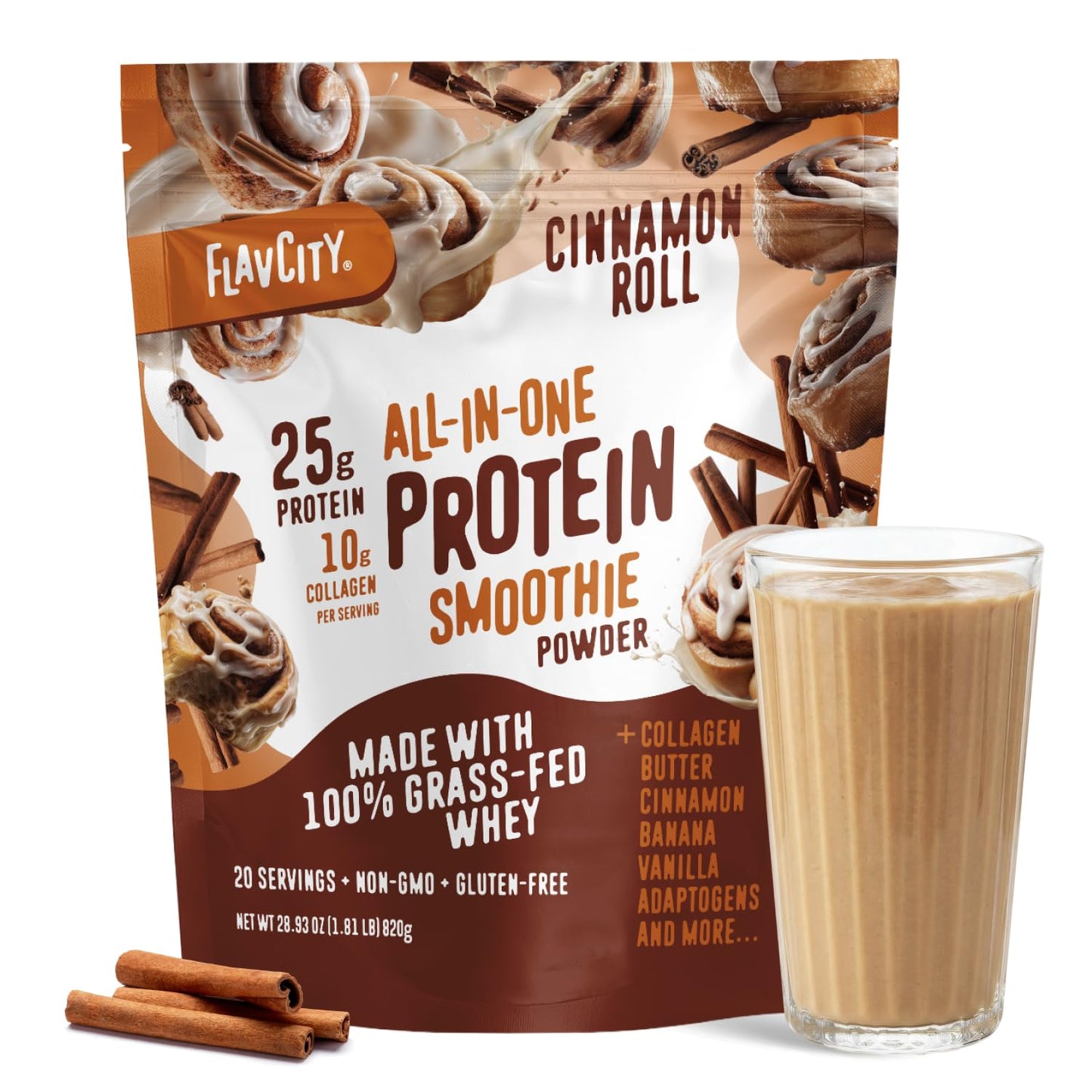 FlavCity Chocolate All in One Protein Shake Powder - On the Go Meal Alternative + Collagen Peptides, Reishi & Cordyceps - Focus, Skin, Hair & Joint Support - 100% Grass Fed Whey, 20 Servings
