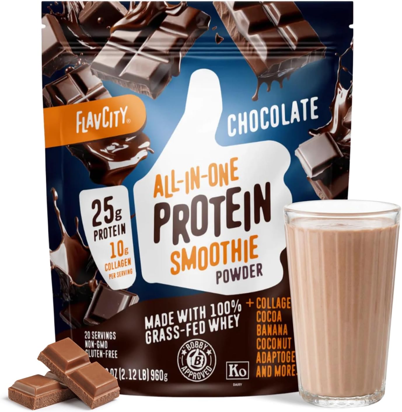 FlavCity Chocolate All in One Protein Shake Powder - On the Go Meal Alternative + Collagen Peptides, Reishi & Cordyceps - Focus, Skin, Hair & Joint Support - 100% Grass Fed Whey, 20 Servings