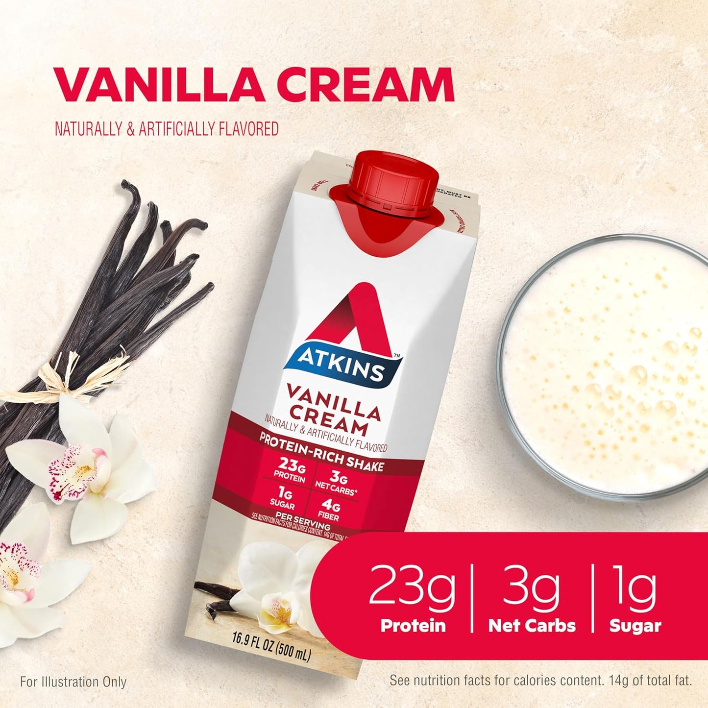 Atkins Vanilla Cream Meal Size Protein Shake, 23g Protein, Low Glycemic, 3g Carb, 1g Sugar, Keto Friendly