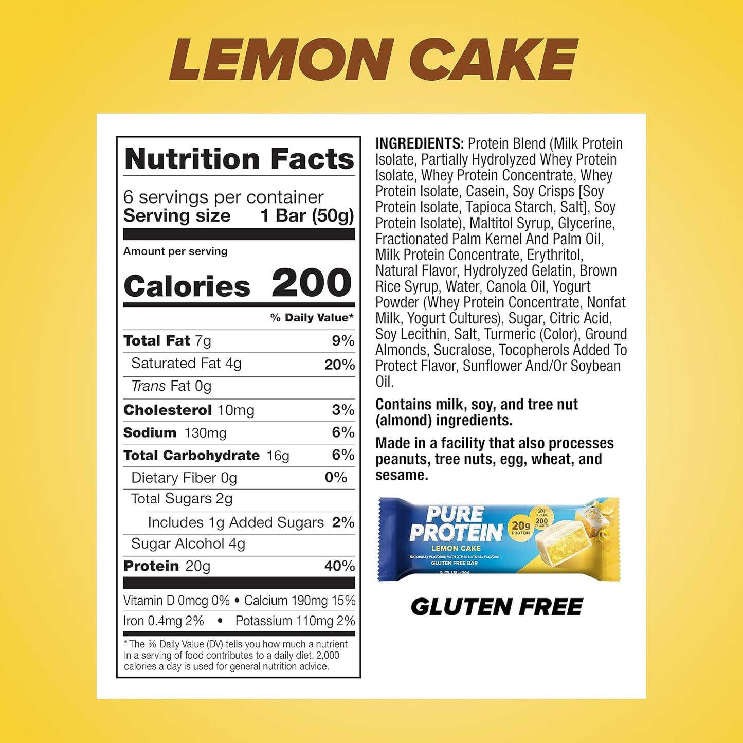 Pure Protein Bars Nutritious Snacks to Support Energy, Lemon Cake, 6 Ct
