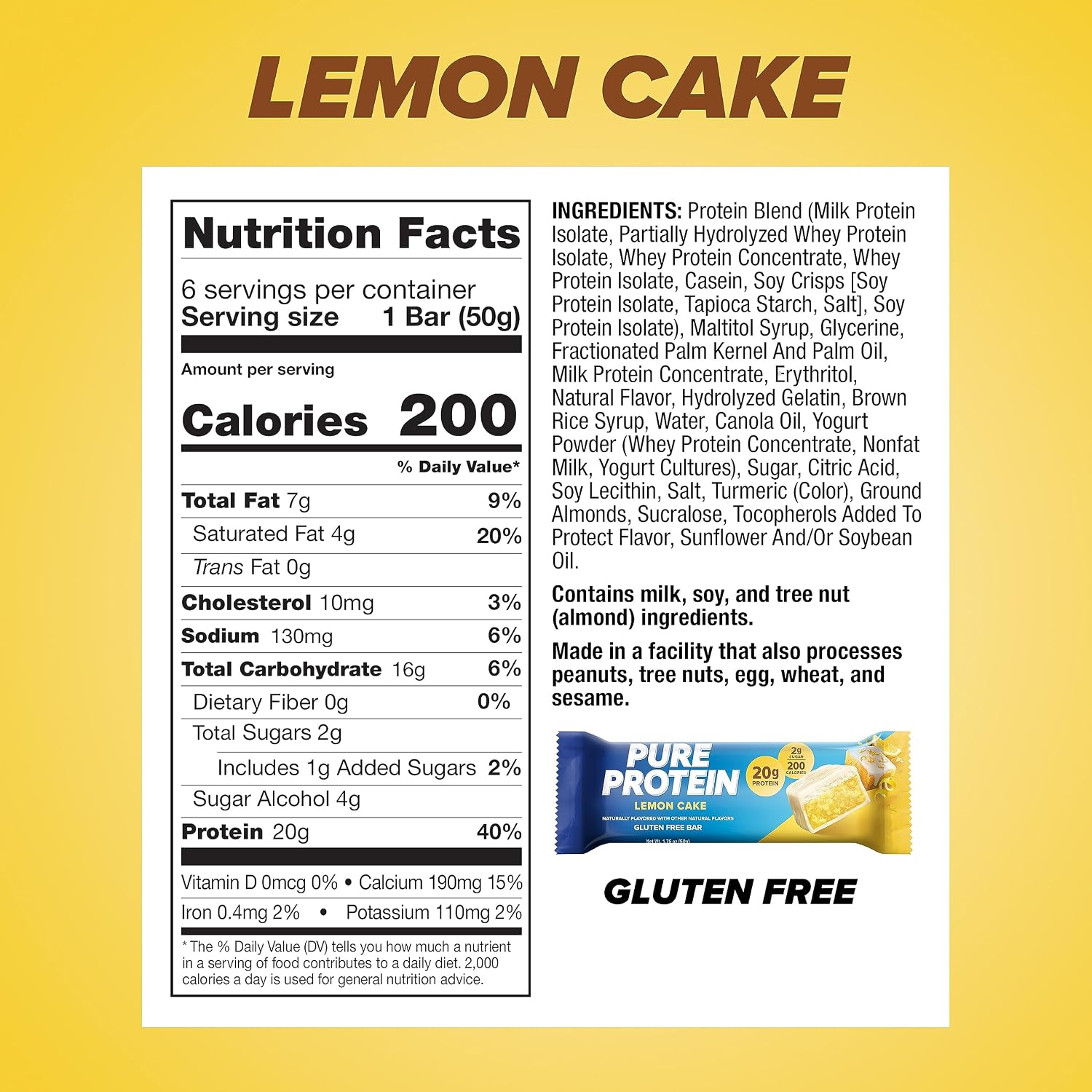 Pure Protein Bars Nutritious Snacks to Support Energy, Lemon Cake, 6 Ct