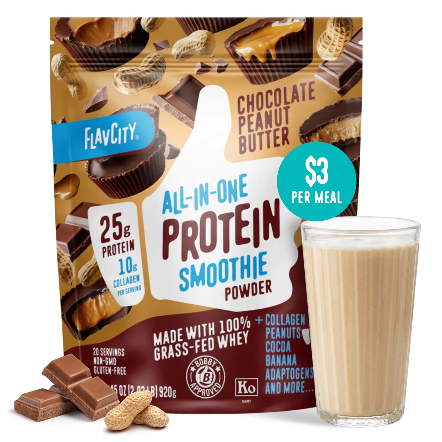 FlavCity Chocolate All in One Protein Shake Powder - On the Go Meal Alternative + Collagen Peptides, Reishi & Cordyceps - Focus, Skin, Hair & Joint Support - 100% Grass Fed Whey, 20 Servings
