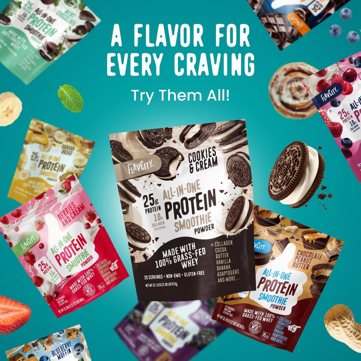 FlavCity Chocolate All in One Protein Shake Powder - On the Go Meal Alternative + Collagen Peptides, Reishi & Cordyceps - Focus, Skin, Hair & Joint Support - 100% Grass Fed Whey, 20 Servings